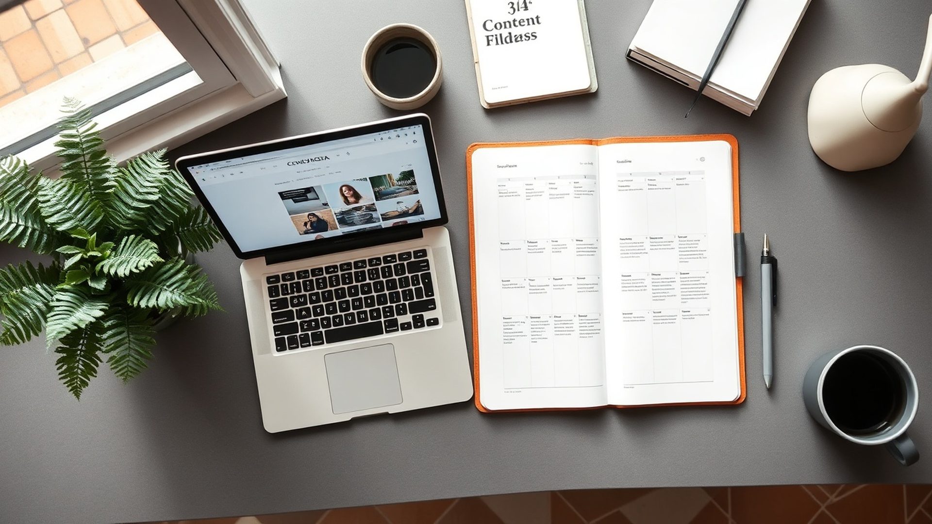 Espacio de trabajo editorial con calendario de contenido